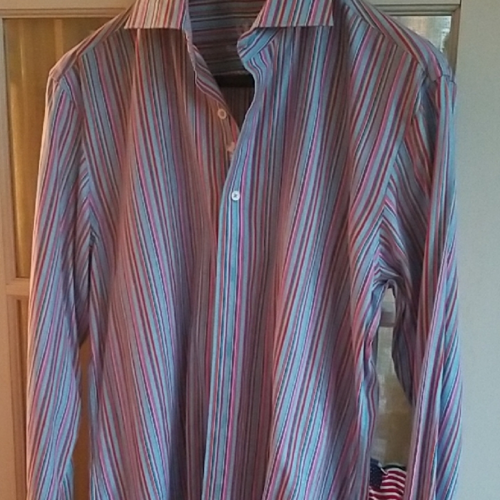 Bugatchi Men's Blue and Pink Striped Dress Shirt Slim Fit